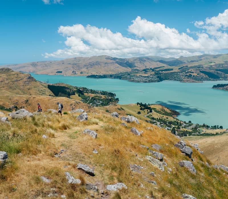 Two hikers on a rocky ridge overlooking the turquoise Lyttelton Harbour and Quail Island.
