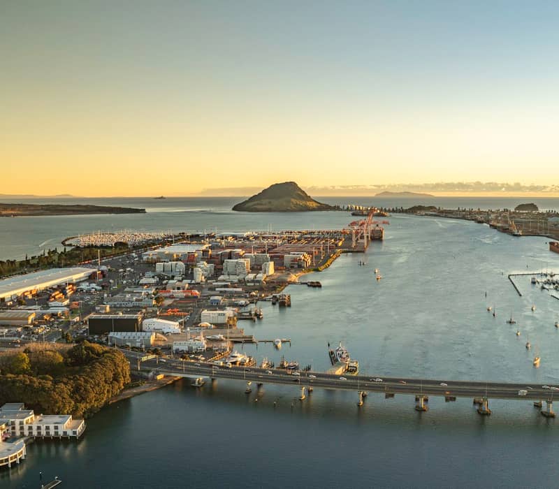 Aerial shot of Mount Maunganui and harbour.