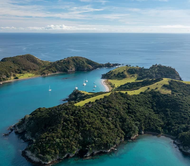 Aerial view of islands and turquoise bays in the Bay of Islands.