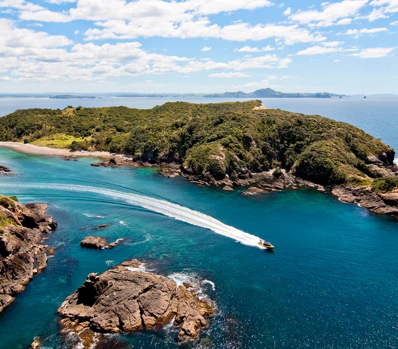 Explore speedboat travelling through blue water between islands in the Bay of Islands.