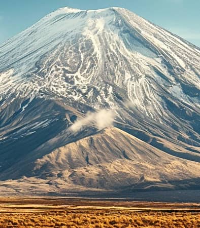 A wide panoramic view of the snow-dusted volcanic cone of Mount Ngauruhoe rising above a vast, golden tussock plain under a soft, cloudy sky.