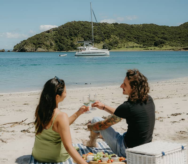 Couple enjoying picnic on beach in Bay of Islands