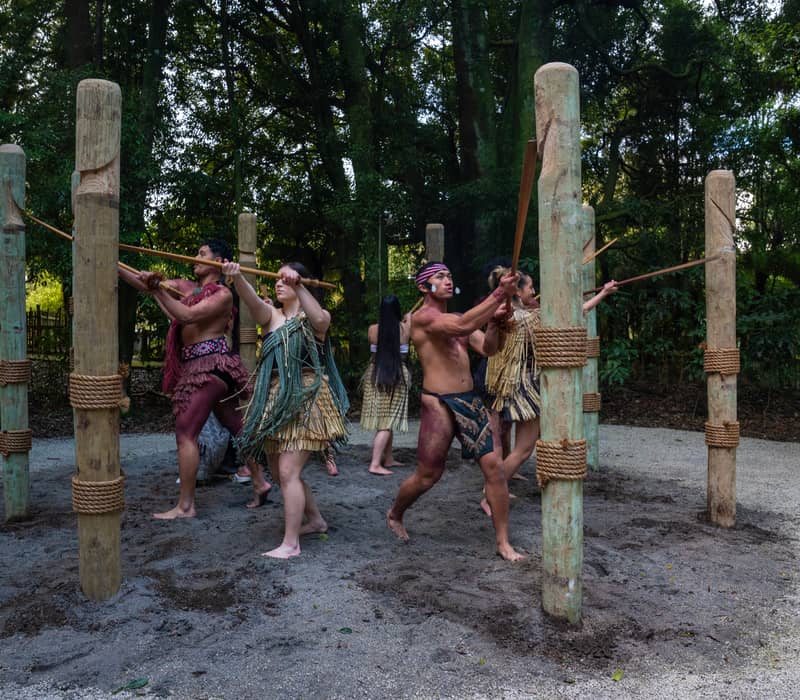 Maori performers in traditional dress practicing spear dance ritual in a forested outdoor area.